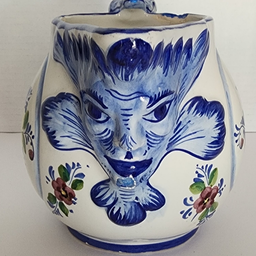 Ceramic Hand Painted Blue  Floral Pitcher/Vase w/Face 6" Tall, Made In Portugal